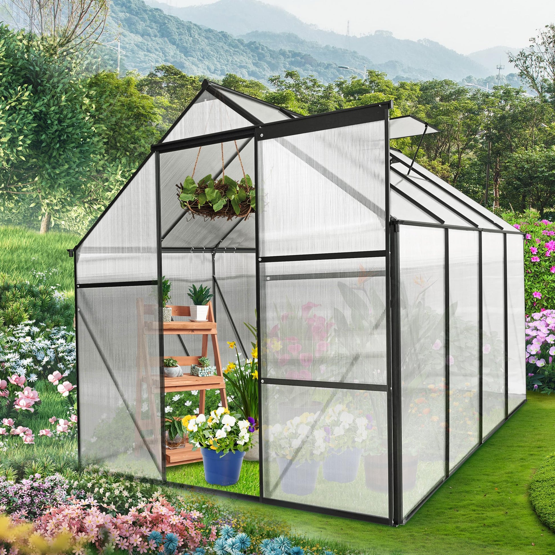 KELRIA 6x8 FT Heavy Duty Walk-in Hobby Greenhouses, Polycarbonate Greenhouse with Sliding Doors and Adjustable Roof Vent, Aluminum Sunroom Green House for Outdoor Garden Backyard, Black - WoodArtSupply