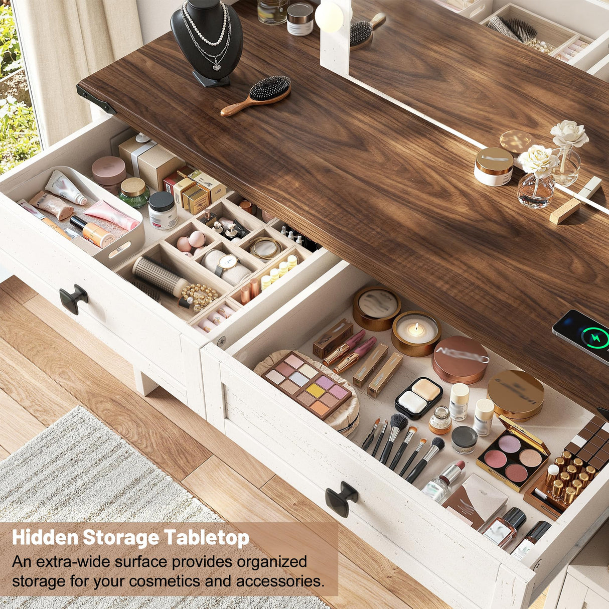 EnHomee Small Vanity Desk with Mirror and Lights, Makeup Vanity Table with 2 Drawers, White Vanity Dressing Table with Charging Staion for Bedroom, Dressing Room EnHomee