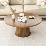 Fluted Round Coffee Table, Walnut Mid Century Modern Coffee Table, Small Circle Center Table, Brown, Farmhouse Wood, for Living Room, 31.5 Inches, Rustic, Easy Assembly Xyulmeo