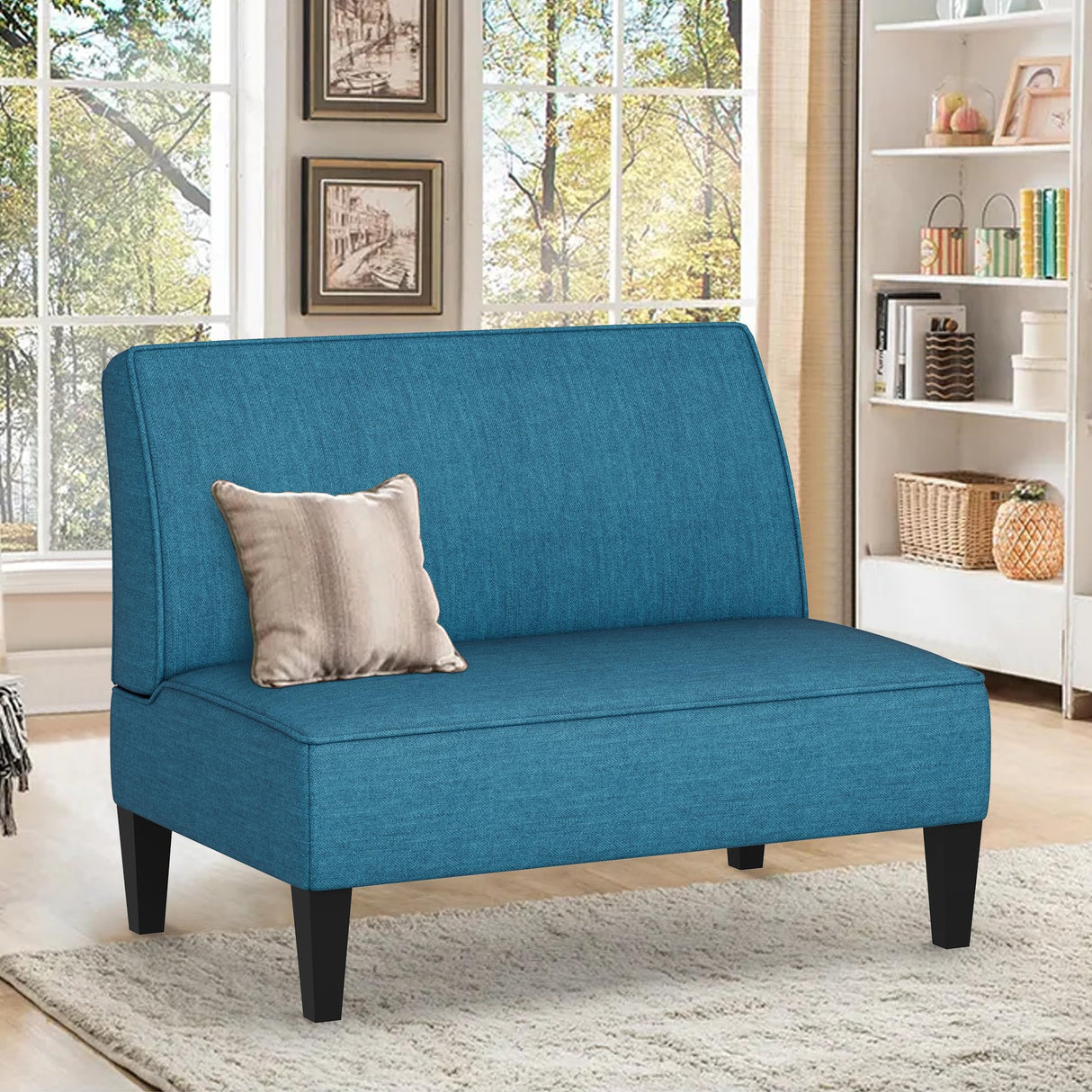 Changjie Furniture Small Loveseat Sofa, Upholstered Small Sofa Couch Mini Love seat Sofas for Bedroom Living Room (Blue) Changjie Furniture