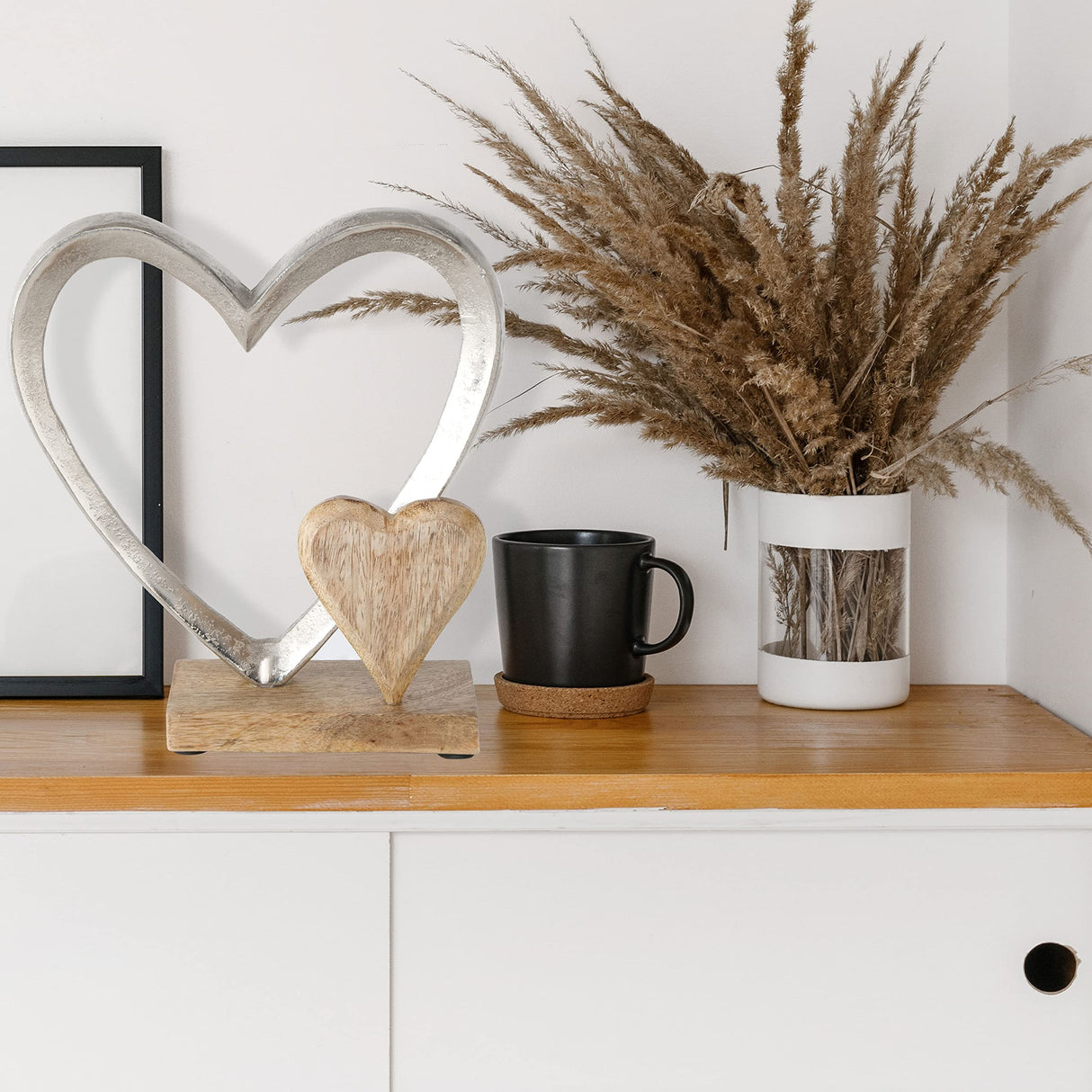 WHW Whole House Worlds Eternity Double Heart Figurine, Hand Cast Silver Aluminum, 8.75 Inches, Mango Wood Accents, Gallery Base WHW Whole House Worlds