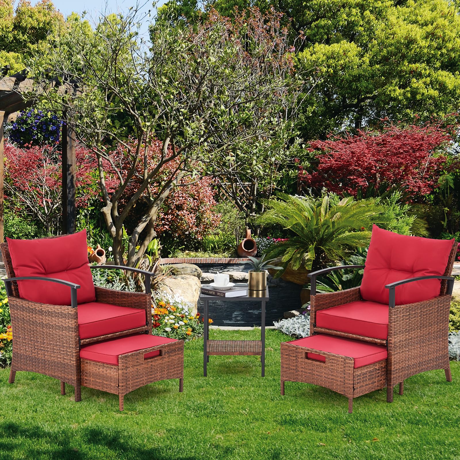 AVAWING 5 Pieces Patio Furniture Set, Outdoor Rattan Chairs with Metal Coffee Table, Ottomans & Soft Cushions, Wicker Conversation Bistro Set for Garden, Porch, Deck, Balcony (Red) - WoodArtSupply