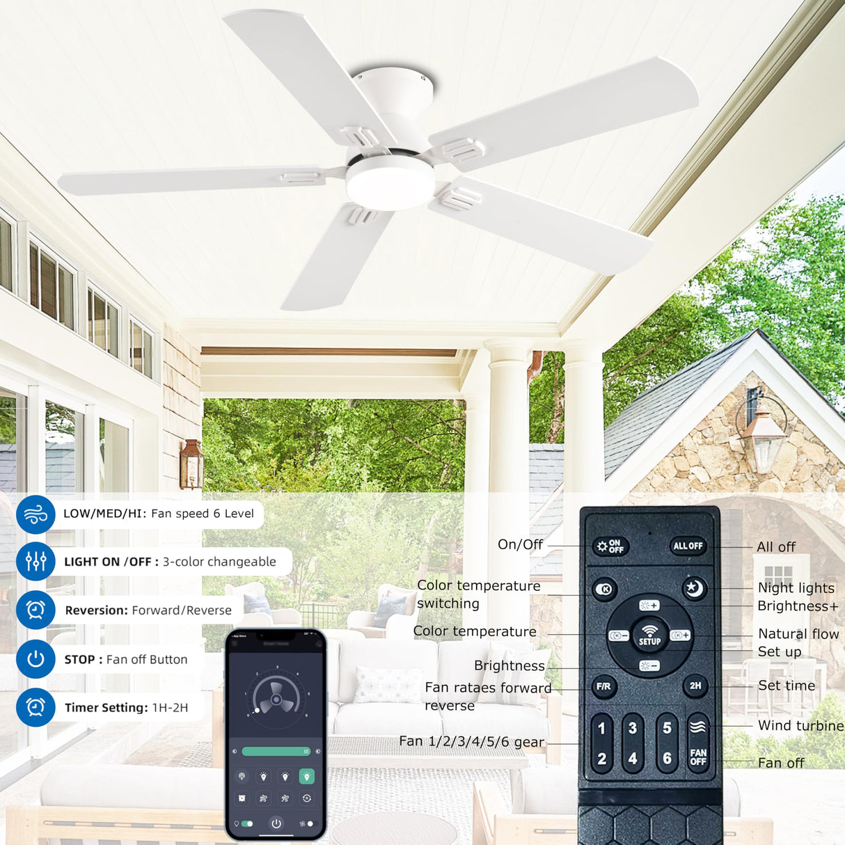 KNUN 52 inch Ceiling Fans with Lights, White Low Profile Ceiling Fan with Remote Control and App, Double-sided Fan Blades, 3CCT Dimmable LED, Noiseless, Flush Mount Ceiling Fan for Bedroom, Patio KNUN