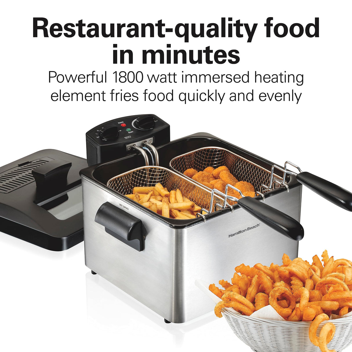 Hamilton Beach Electric Deep Fryer with Lid 4.5 Liters / 19 Cups Oil Capacity, Temperature Control, View Window, Professional Style, 1800 Watts, Three Frying Baskets, Stainless Steel Hamilton Beach