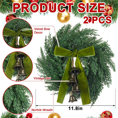Chuangdi 2 Pcs Christmas Norfolk Wreath with Cypress Cow Bells and Velvet Ribbon Bow 11.8" Faux Pine Greenery Winter Wreath Rustic Swag for Xmas Home Table Wall Window Porch Door Indoor Outdoor Decor Chuangdi