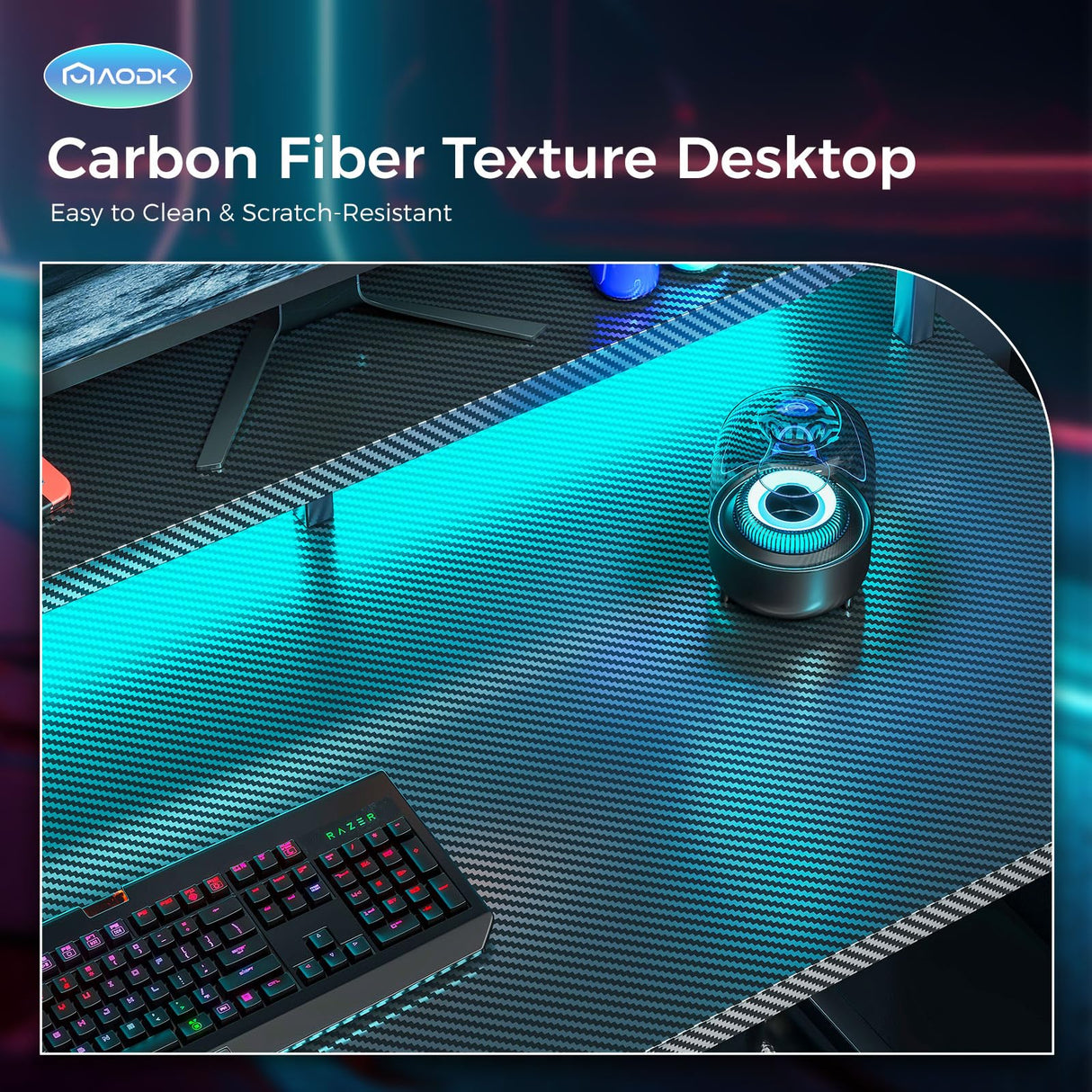 AODK Computer Desk, 56 Inch Gaming Desk with Led Lights & Power Outlet, Office Desk with Printer Storage Shelves, Reversible Desk with Monitor Shelf & Headphone Hook, Carbon Fiber Black AODK