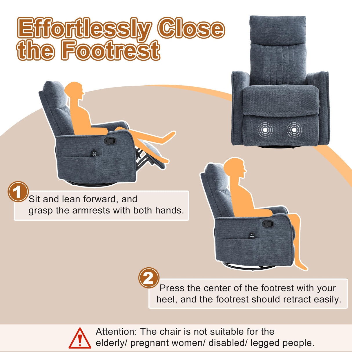 Manual Swivel Rocker Recliner Chair for Adults, Overstuffed Reclining Glider Chair for Nursing with Vibration Massage & Heat, Living Room Rocking Recliner 2-Stage backrest, Chenille Fabric Blue EZZUP