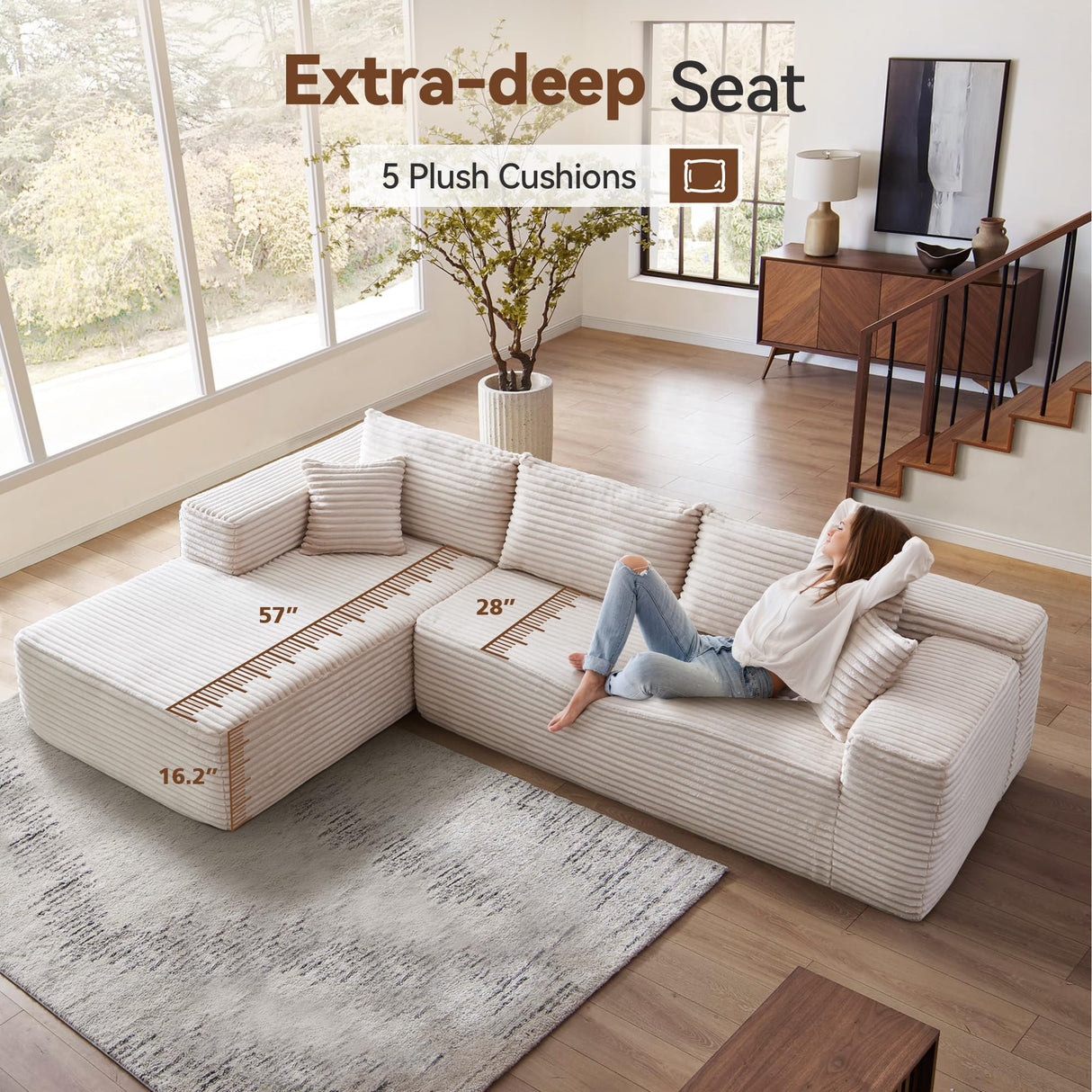 CAODOC 104" Cloud Sectional Couch with Comfy Chaise, Boneless L Shape Sofa with Deep Seat, Minimalist Modular Couches Sleeper for Living Room Bedroom Apartment Lounge,Beige CAODOC