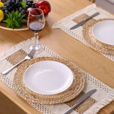 Zology Handmade Boho Placemats Set of 6 - Natural Cotton Burlap and Water Straw Woven Combination Table Mats, Macrame Décor and Farmhouse Style Placemats, for Dining Table Kitchen Zology