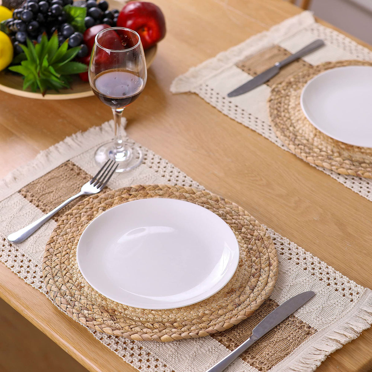 Zology Handmade Boho Placemats Set of 4 - Natural Cotton Burlap and Water Straw Woven Combination Table Mats, Macrame Décor and Farmhouse Style Placemats, for Dining Table Kitchen Zology