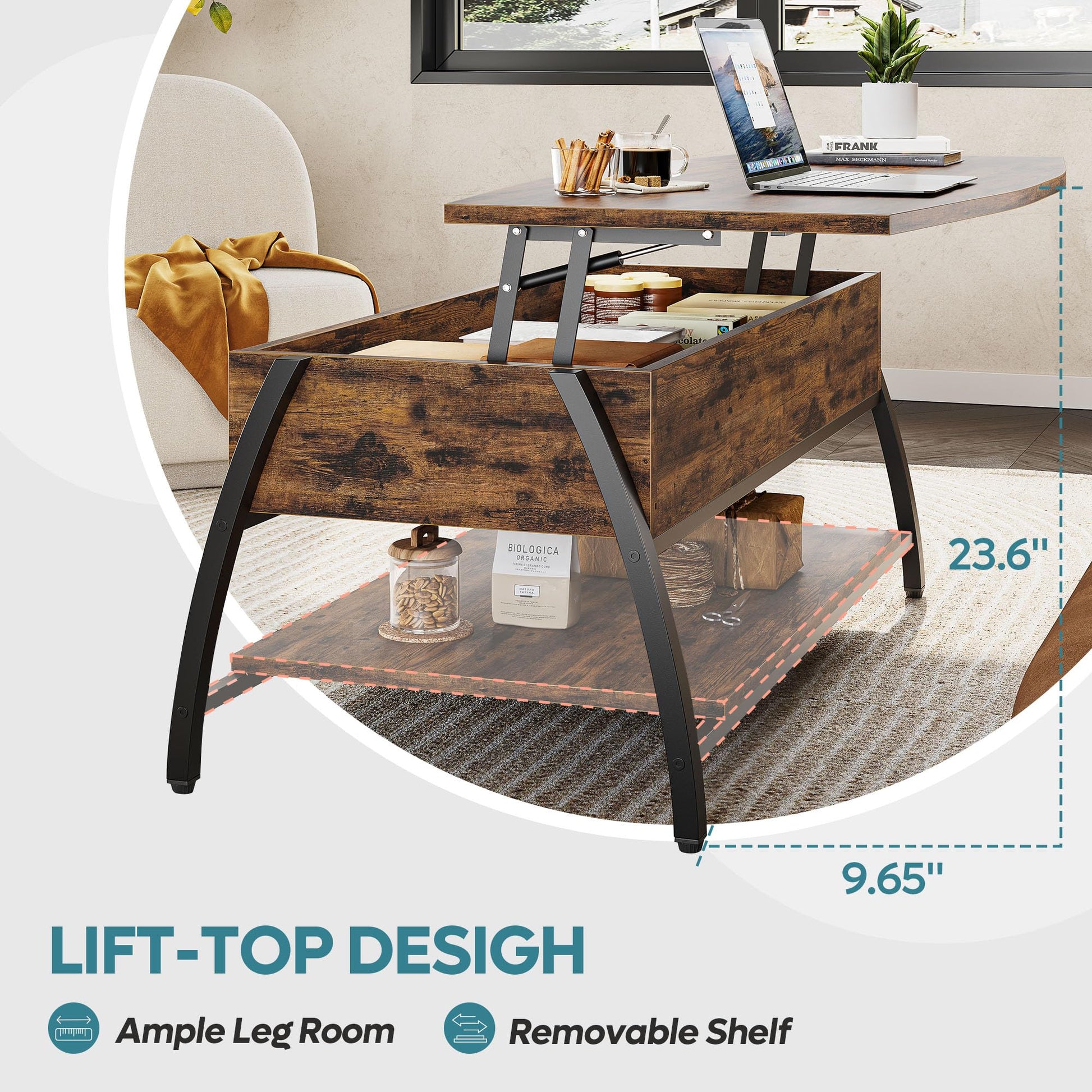 Bestier Lift Top Coffee Table with Storage, 42" Industrial Mesh Shelve Space-Saver Table, Wooden Rising Tabletop Oval Center Table for Living Room - WoodArtSupply