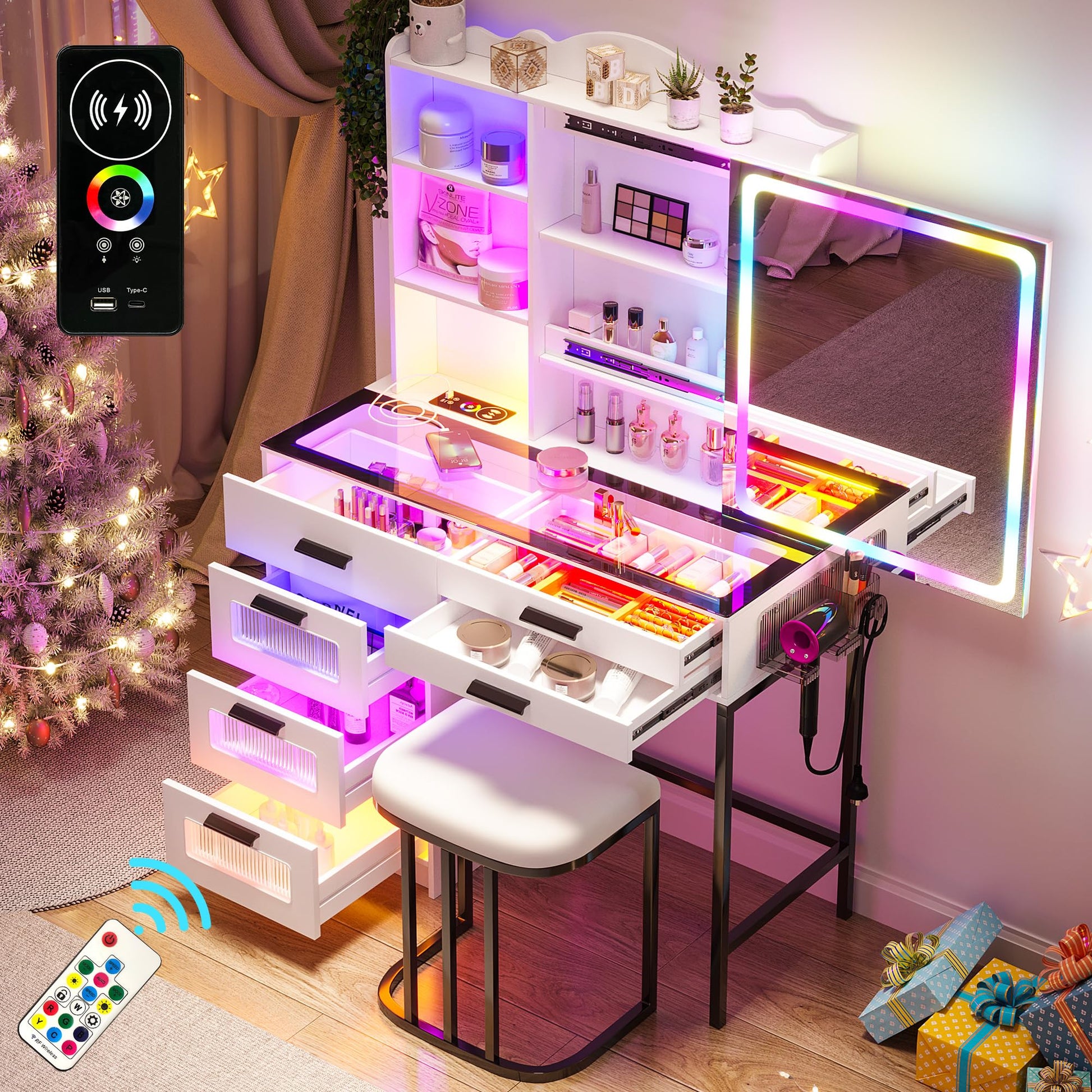 WOOVIVS RGB Vanity Desk with Sliding Mirror and Lights, LED Makeup Vanity with Charging Station/Motion Sensor Light, Glass Top Vanities Dressing Table Set with Jewelry Box,6 Drawers,Stool (Wh - WoodArtSupply