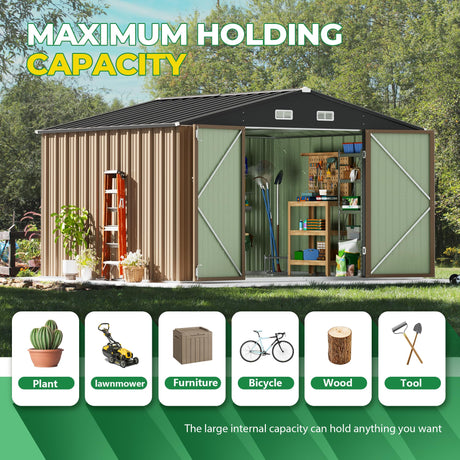 Devoko 10 x 10 FT Outdoor Storage Shed, Metal Garden Sheds & Outdoor Storage Clearance, Large Tool Shed Outdoor with Single Lockable Door for Patio Lawn Backyard (Brown) Devoko
