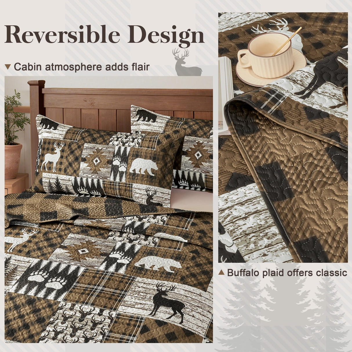 3 Piece Cabin King Size Quilt Sets Farmhouse Rustic Reversible Microfiber Soft Lightweight Bedspread Comforter with 2 Shams Patchwork Country Lodge Bedding Quilts Set for All Season, 106''x96'', Brown Tritard
