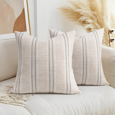 AELS 18x18 Decorative Farmhouse Linen Throw Pillow Covers, Boho Textured Pillow Case, Set of 2, Beige with White & Gray Stitch Yarn Dyed Stripe Cushion Cover for Sofa Couch Living Room (Cover ONLY)