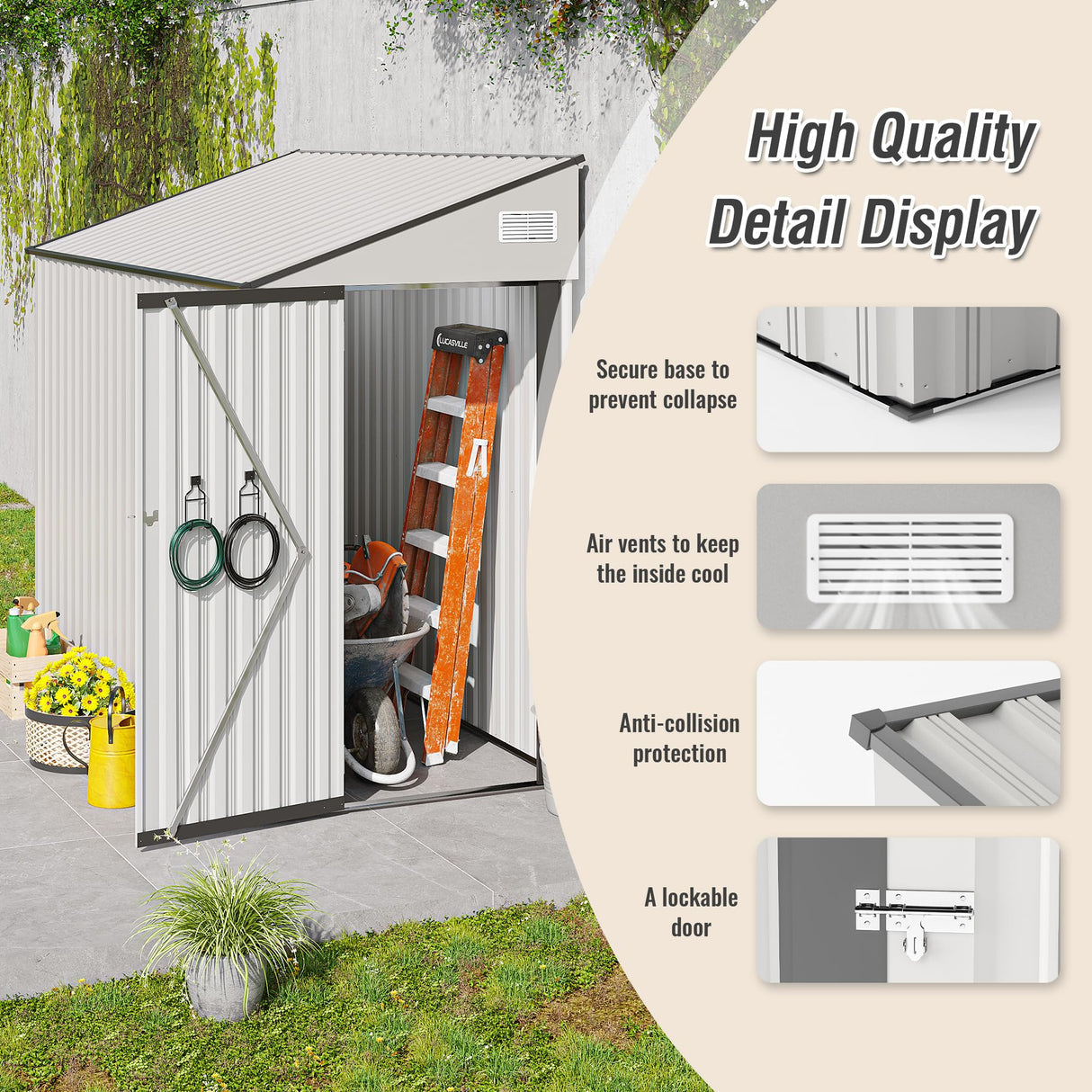 4x8 FT Outdoor Storage Shed, Metal Garden Shed with Lockable Hinged Door, Lean to Shed with 6 Air Vents, Outside Tool Shed with Sloped Roof, Waterproof Storage Building for Backyard, Patio, White BNSPLY