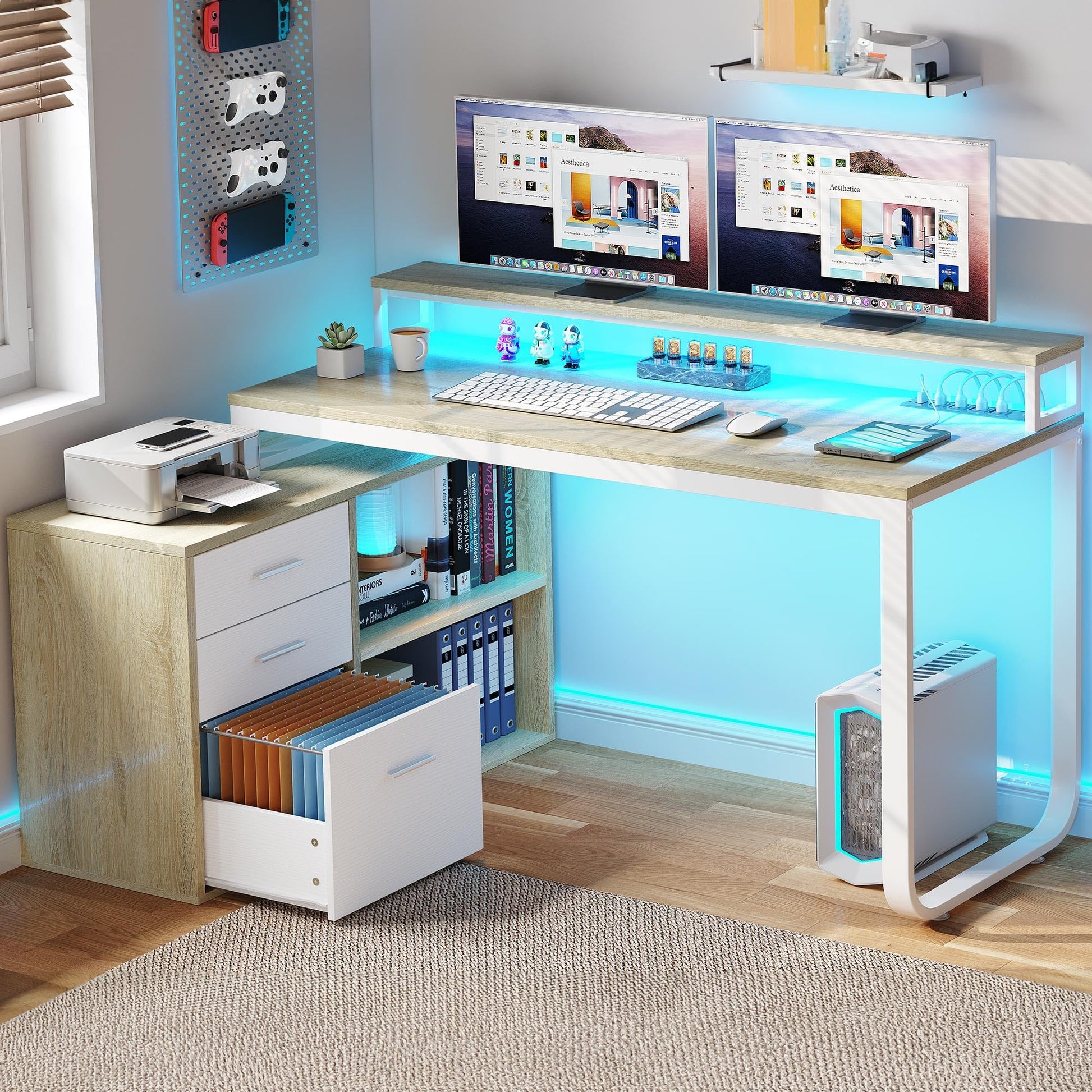 YITAHOME L Shaped Desk with Drawers, 55" Corner Computer Desk with Power Outlets, L-Shaped Desk with LED Lights & File Cabinet for Home Office, White & Oak - WoodArtSupply