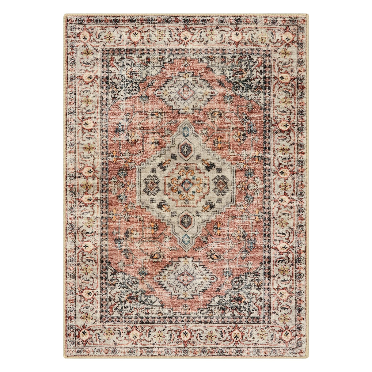Lahome Oriental Hallway Runner Rug, 2.5x8 Kitchen Runner Non Slip Ultra-Thin, Soft Washable Hallway Rug Distressed Non Shedding Long Carpet for Entryway ‎Laundry Room Bathroom, Peach/Orange Lahome