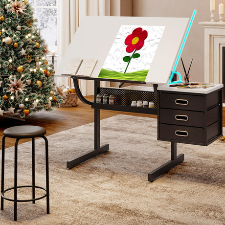 Art Table for Adults,Drafting Table, Adjustable Professional Art Drawing Table, Drawing Table with Stool and Tilting Tabletop, 3 Storage Drawers Craft Desk for Reading, Drawing, Office Use (Black) Doeqkue
