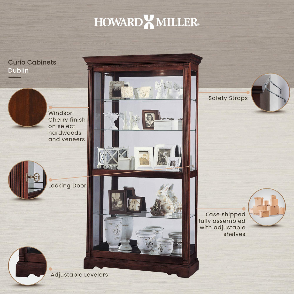 Howard Miller Dublin Curio Cabinet 680-337 – Windsor Cherry Finish Home Decor, Four Glass Shelves, Five Level Display Case with Locking Slide Door & Halogen Light Howard Miller