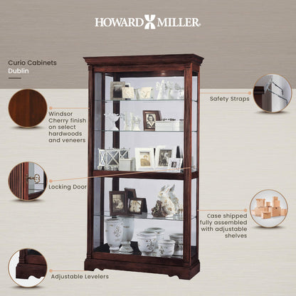 Howard Miller Dublin Curio Cabinet 680-337 – Windsor Cherry Finish Home Decor, Four Glass Shelves, Five Level Display Case with Locking Slide Door & Halogen Light