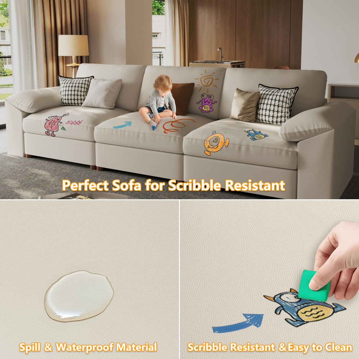 EASE MOOSE Oversized Modular Sectional Sofa,Leather Sectional Couch with Deep Seat,Extra Large U Shaped Couch,Faux Leather Material Sofa Modern Comfy Scratch Resistant,Beige EASE MOOSE