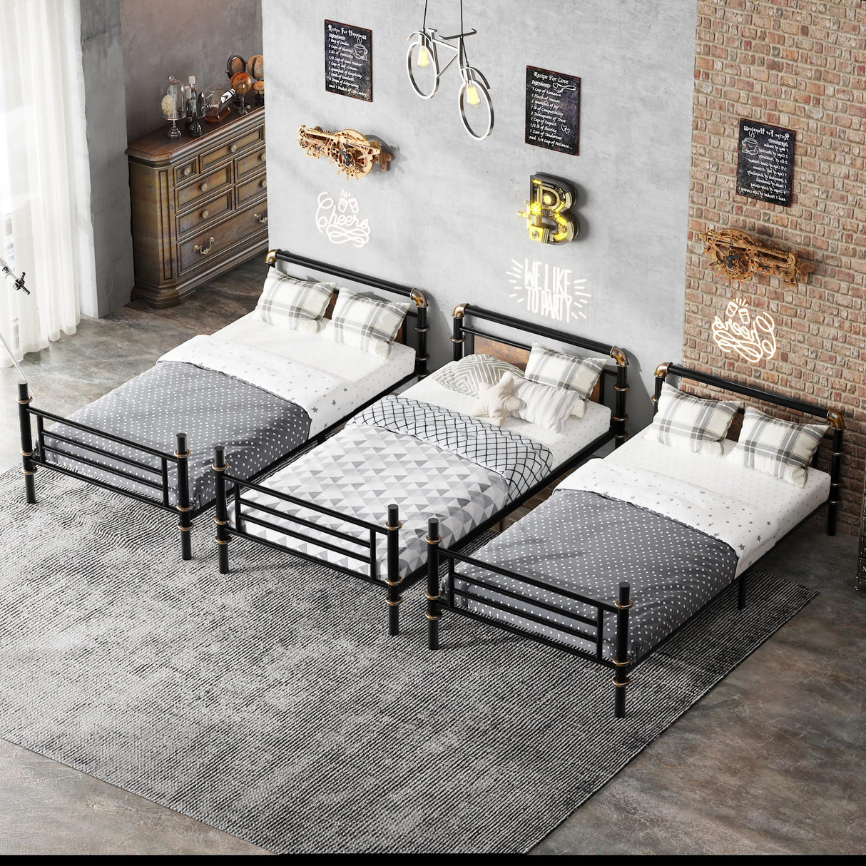 KEIKI Twin Over Twin Size Metal Detachable Quad Bunk Bed Frame with Ladders, MDF Headboard and Guardrail, for 4, L-Shaped Bunk Bed with Slats, No Box Spring Required, Easy Assembly, for Bedroom, Black KEIKI