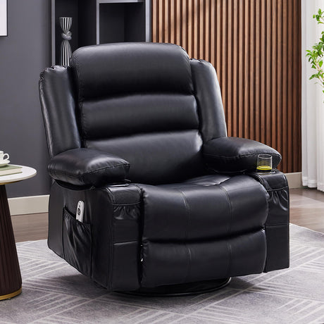 Huatean Home Rocker Recliner Chair with Heat and Massage, 360° Swivel Recliner Chairs for Adults, Oversized Recliner Single Sofa Seat with Cup Holders, Lazy Boy Recliner (Black, Regular) Huatean Home