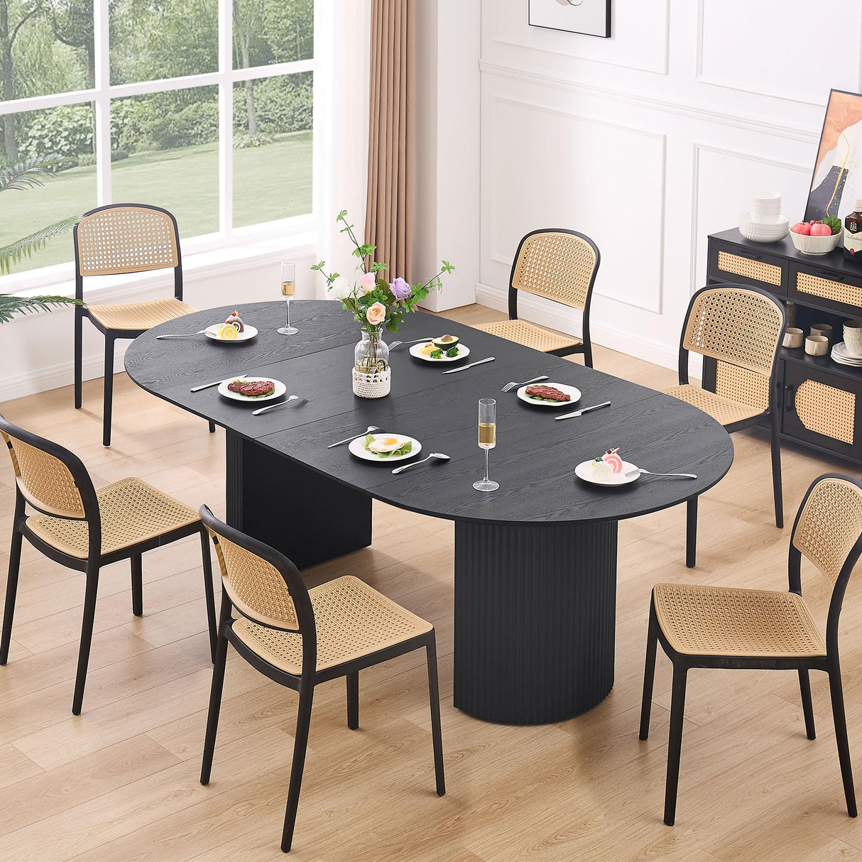 Dining Table, 86.61" to 47.24" Expandable Table for 4 to 8, Modern Extendable Kitchen Table, Round to Large Oval Solid Wood Table Furniture for Dining Room Kitchen Leisure Living Room Apartment, Black HanStrong