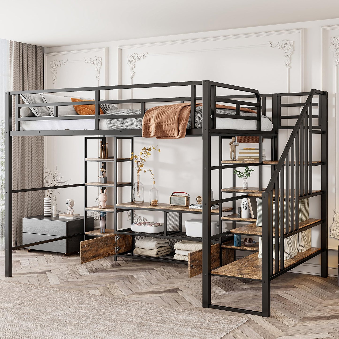 Ziraukon Full Size Metal Loft Bed with Staircase, Heavy Duty Bed Frame, Low Storage Table and Storage Shelves, Maximize Space Saving, Study and Multifunctional, Black