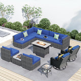 HOOOWOOO Patio Outdoor Sectional Furniture Sofa Set with Fire Pit Table,13 Piece L Shaped Wicker Couch Set with Swivel Chairs,Modern 10 Persons Summer Patio Conversation Set(Navy Blue) HOOOWOOO