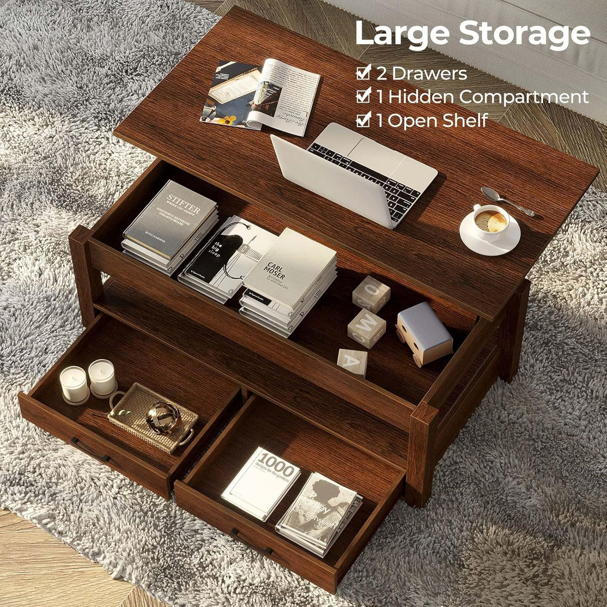 Rolanstar Coffee Table, Lift Top Coffee Table with Drawers and Hidden Compartment, Retro Central Table with Wooden Lift Tabletop, for Living Room,Espresso Rolanstar