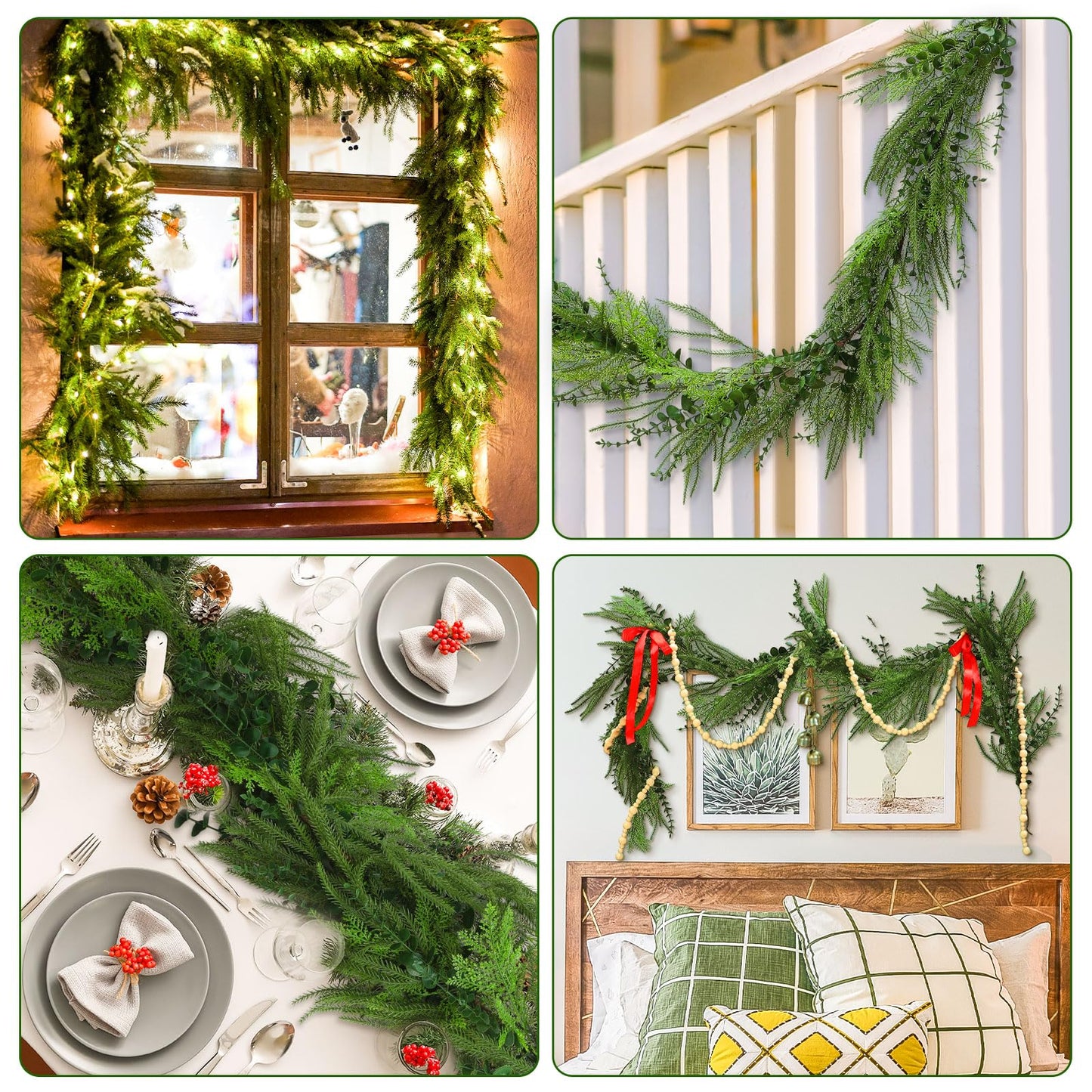 Jutom 3 Pcs Christmas Norfolk Pine Garland with Cow Bell Wood Bead Garland 6 ft Artificial Cypress Cedar Pine Needles Greenery Seasonal Garland Faux Greenery Garland for Winter Holiday Decor