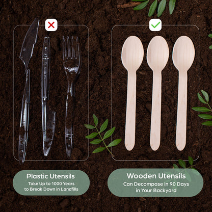 Wooden Disposable Spoons - 300 Piece Wood Compostable Spoons - Eco-Friendly Biodegradable Utensils for Party - Free From Plastic Cutlery Set - Disposable Cutlery for Eating - Compostable Utensils