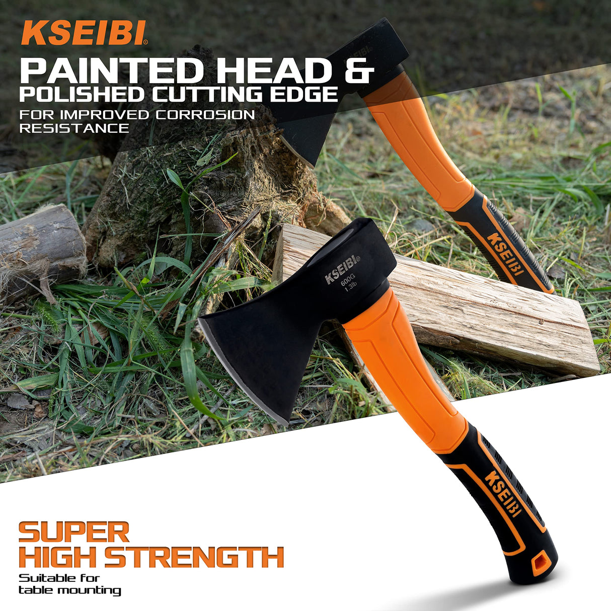 KSEIBI Wood Axe, Small Outdoor Camp Hatchet for Splitting and Kindling Wood, Forged Steel Blade with Anti-Slip and Shock Reduction Handle Great Throwing Axes and Hatchets (Modern) KSEIBI