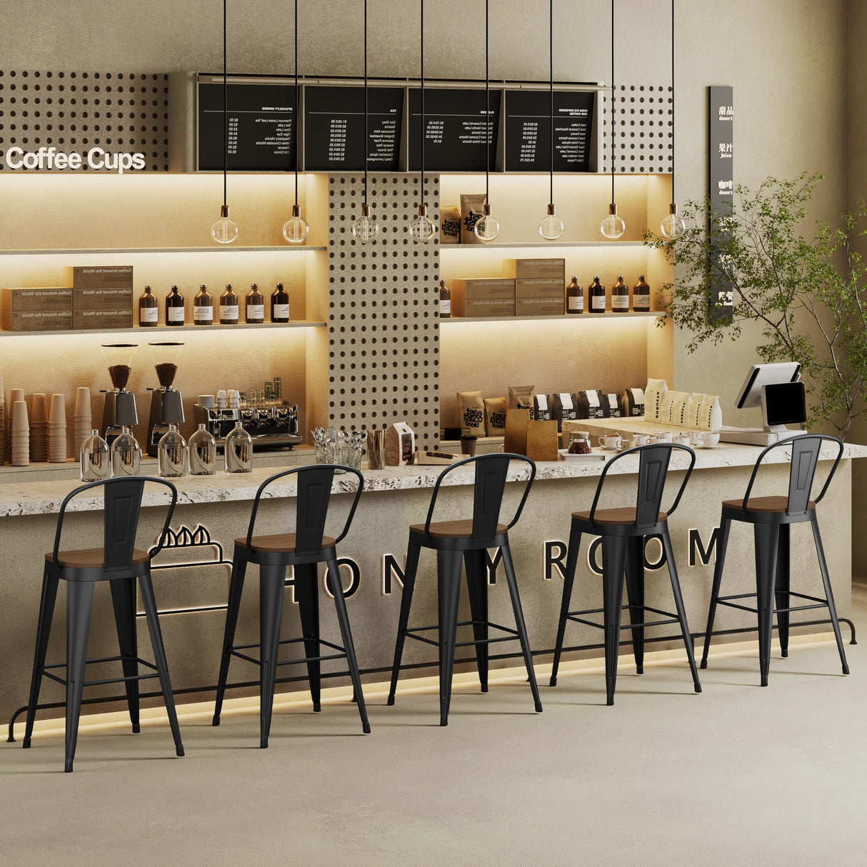 Andeworld Metal Bar Stools Set of 4, 24 inch Counter Height Barstools with Backs Farmhouse Modern High Back Bar Stools with Larger Seat Kitchen Dining Bar Chairs,Matte Black Andeworld