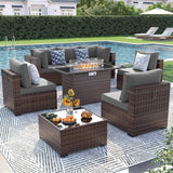 UDPATIO Patio Furniture Set with Fire Pit Table, 8 Piece Outdoor Sectional Modular Sofa, Wicker Outdoor Furniture Conversation Sets with Waterproof Cover for Backyard Deck (Brown/Dark Grey) UDPATIO
