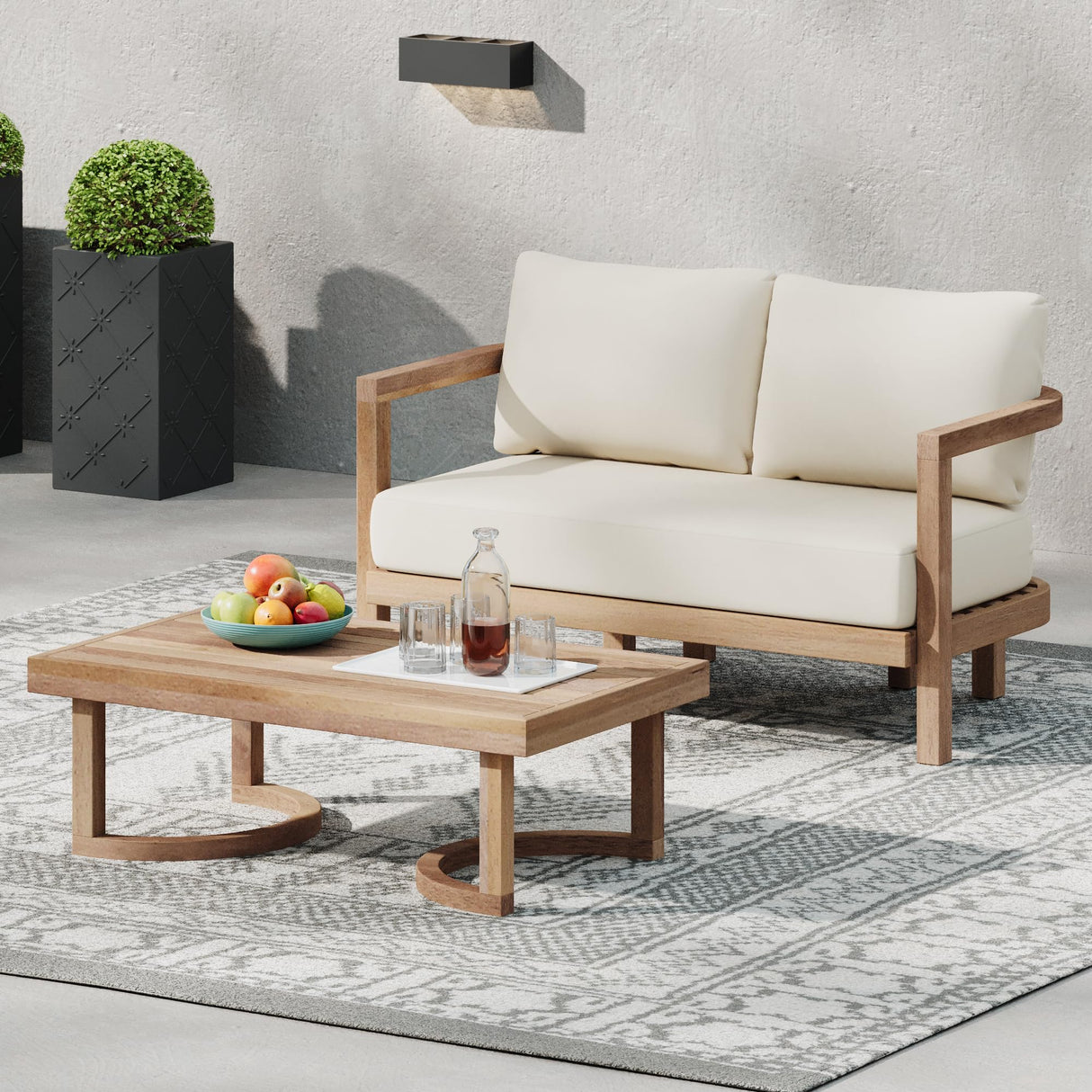 Merax 2-Piece Outdoor Acacia Wood Loveseat Sofa Couch with Coffee Table,Patio Furniture Conversation Set for Backyard Merax