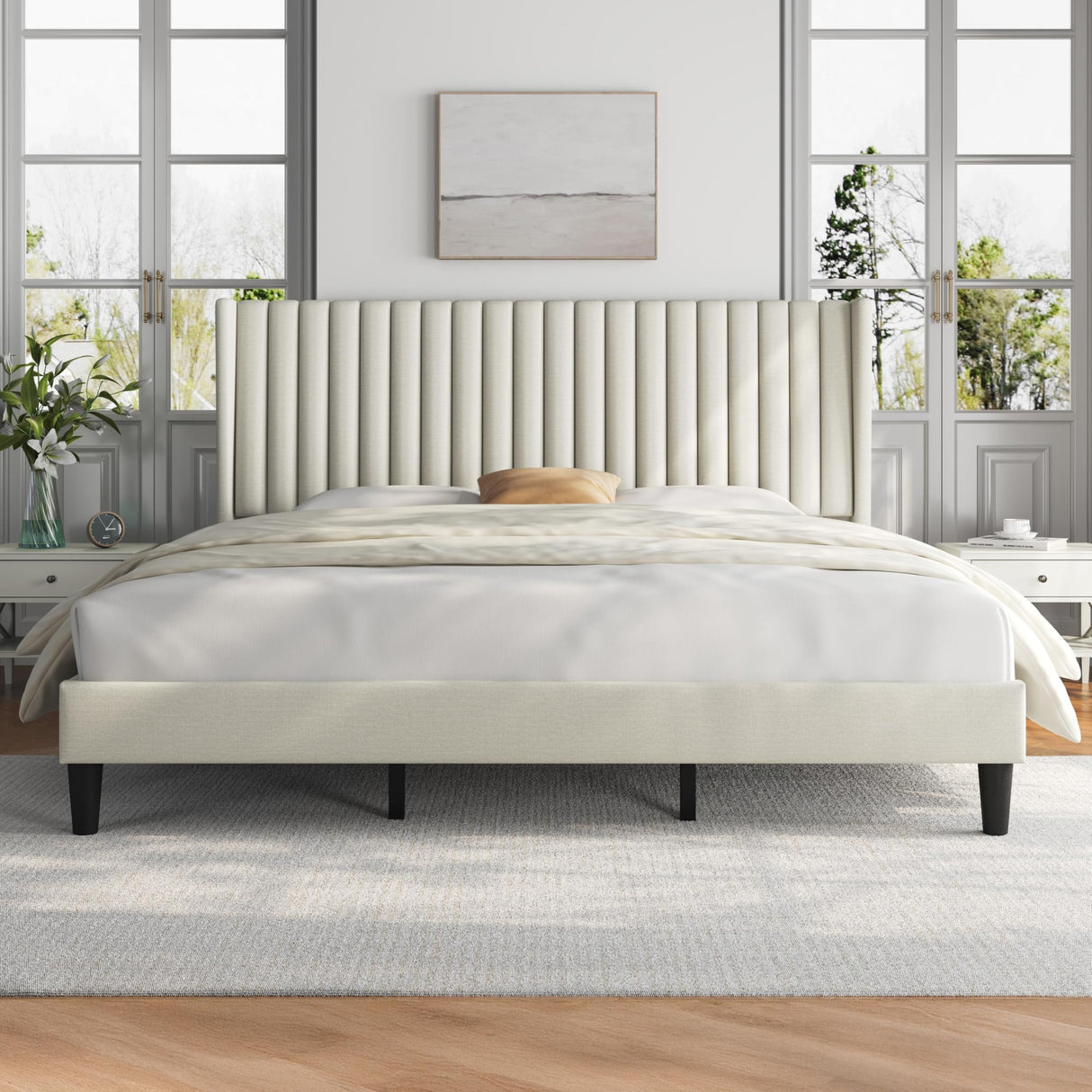 Yaheetech King Bed Frame Upholstered Platform Bed with Fabric Headboard, Wing Edge Design/Non-Slip and Noise-Free/Wooden Slats Support/No Box Spring Needed/Easy Assembly, Beige King Bed Yaheetech