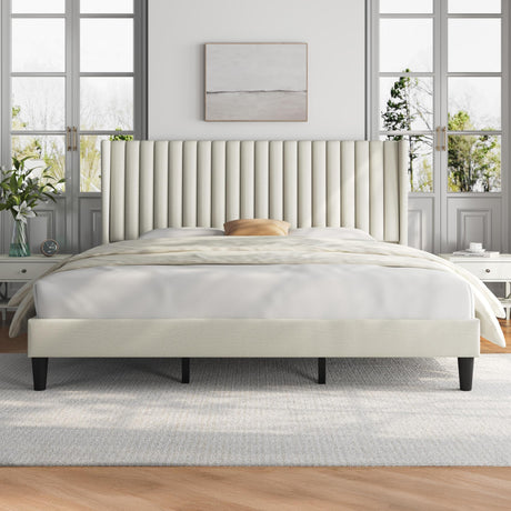 Yaheetech King Bed Frame Upholstered Platform Bed with Fabric Headboard, Wing Edge Design/Non-Slip and Noise-Free/Wooden Slats Support/No Box Spring Needed/Easy Assembly, Beige King Bed Yaheetech