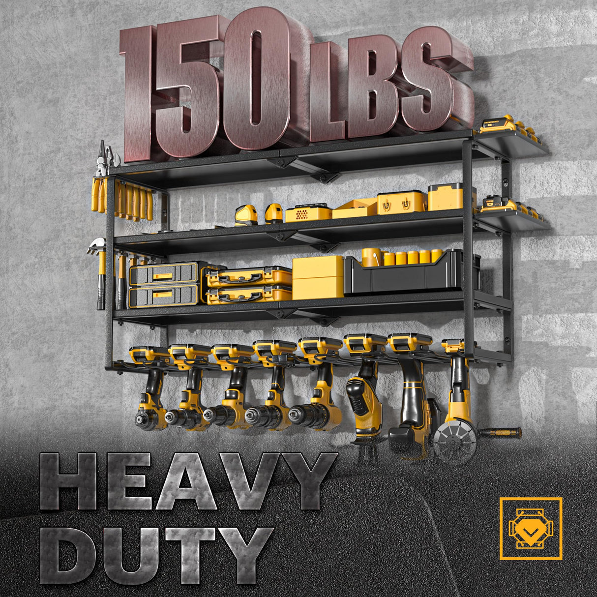 Spampur Power Tool Organizer with Charging Station, 8 Drill Holder Wall Mount, 4 Layer Storage Rack for Garage storage, Heavy Duty Utility Racks, Tool Battery Shelf with 6 Outlet Power Strip Spampur