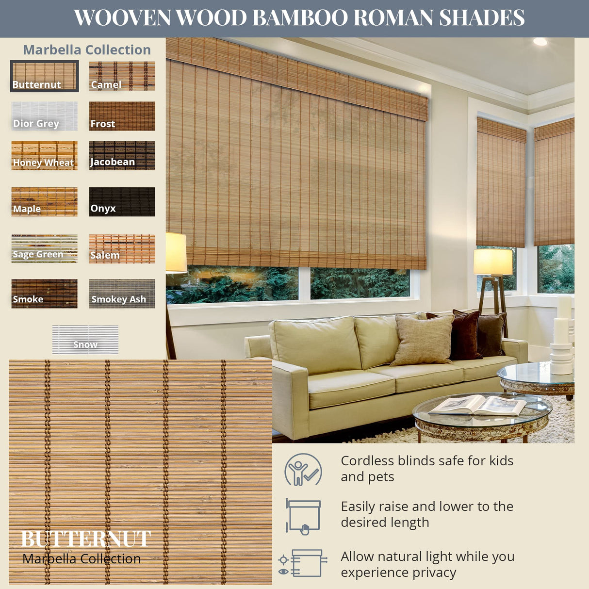 CHICOLOGY Bamboo Roman Shades - Designer Eco-Friendly Light Filtering Window Blinds, Ideal for Home & Patio, Premium Quality, 33" W x 64" H, Butternut CHICOLOGY