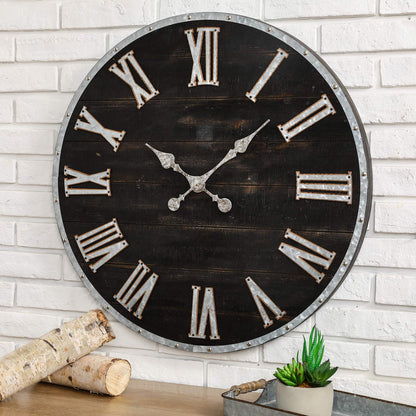 Glitzhome 28 Inches Huge Wall Clock Chic Distressed Black Clock Antique Rustic Wooden Clock Silent Non-Ticking Battery Operated Roman Numerals for Office Living Room Farmhouse Kitchen Decor - WoodArtSupply