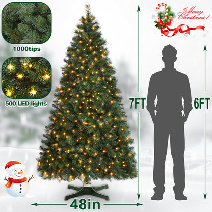 GREATDAY 7 Foot Artificial Pre-Lit Rotating Christmas Tree with Remote Control and Timer,W/500 Clear LED Lights,1000 Branch Tips PVC&Pine Needles Mix and 360-Degree Rotating Stand with Remote Control