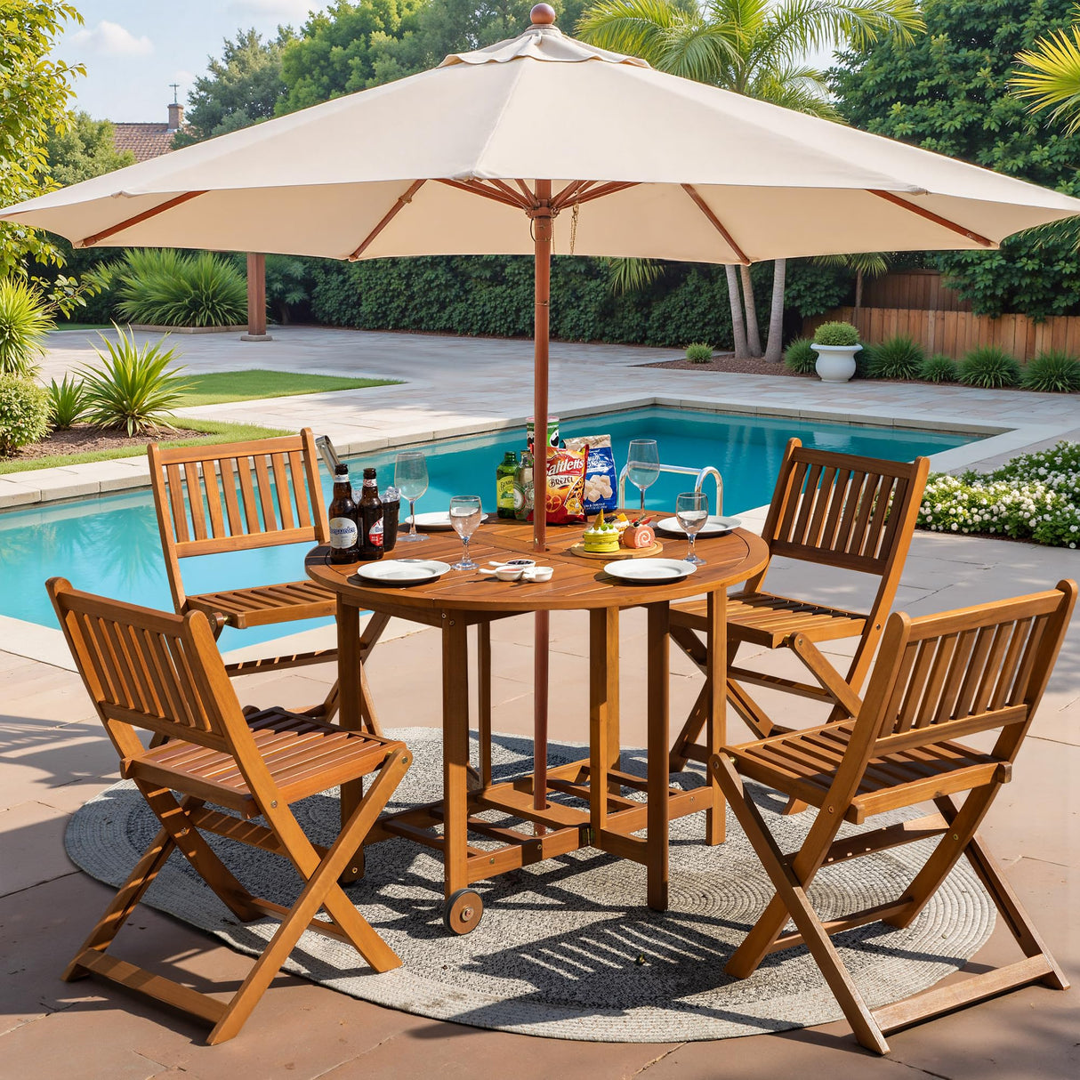 Greesum 5 Piece Patio Dining Set Outdoor Acacia Wood Furniture All-Weather Folding Round Table and Chairs for Backyard, Balcony, Porch, Deck, Garden, Light Brown Greesum