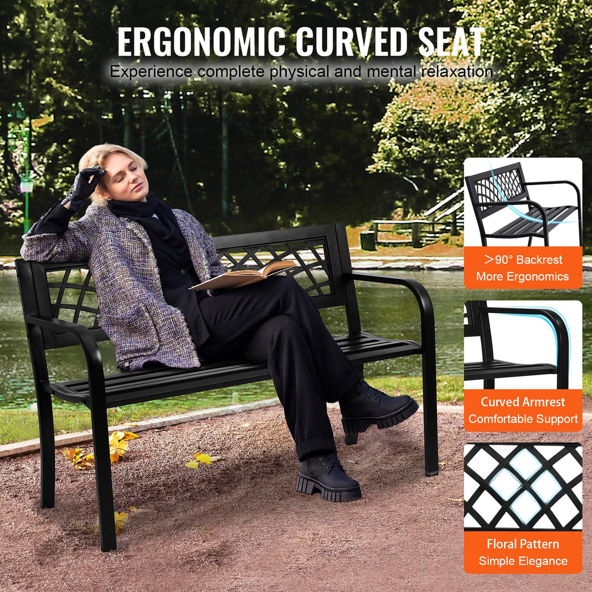 VEVOR Outdoor Bench, 46" Iron Steel Frame Garden Park Bench with Mesh Pattern and Plastic Backrest Armrests, Patio Bench for Garden, Park, Yard, Front Porch VEVOR