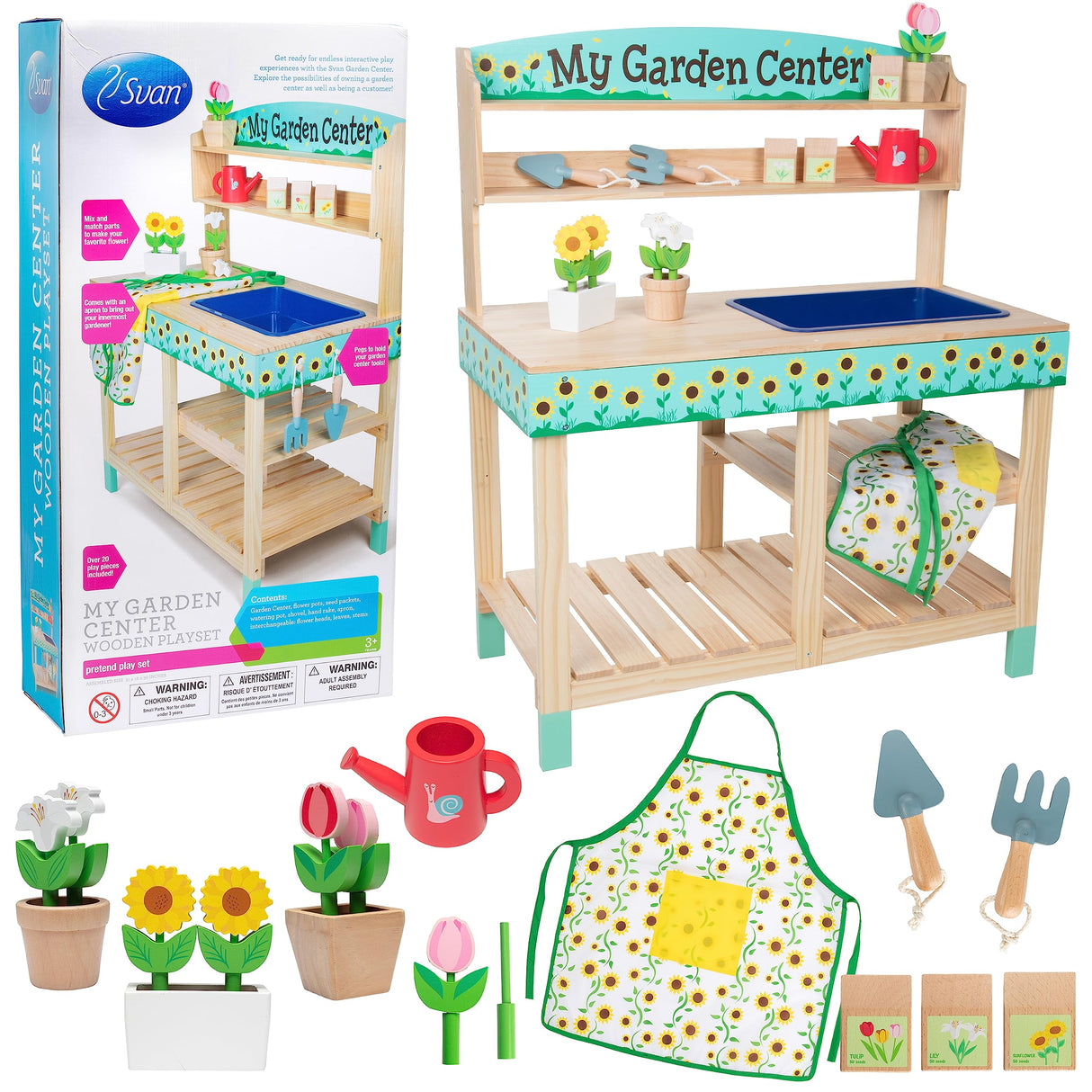 Svan Wooden Toy Gardening Center Indoor Playset - 22 Pc Garden Stand Set w Flowers Seed Packets Pots Shovel Rake Apron Watering Pot - Great Interactive & Fun Pretend Playtime, Gift for Boys or Girls Svan