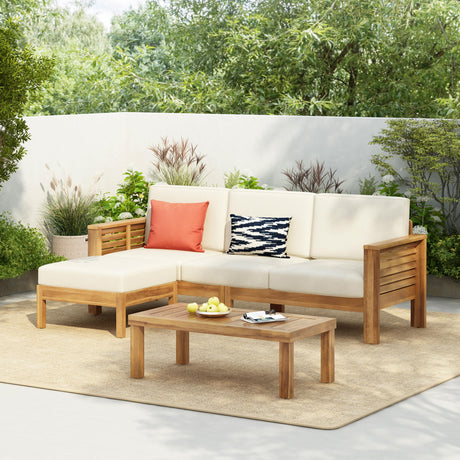 Merax 3 Piece Acacia Wood Patio Furniture Set, Outdoor Sectional Sofa Set with Coffee Table, 4 Seats Sofa Deep Seating with Soft Cushions for Garden, Backyard, Teak & Cream Merax