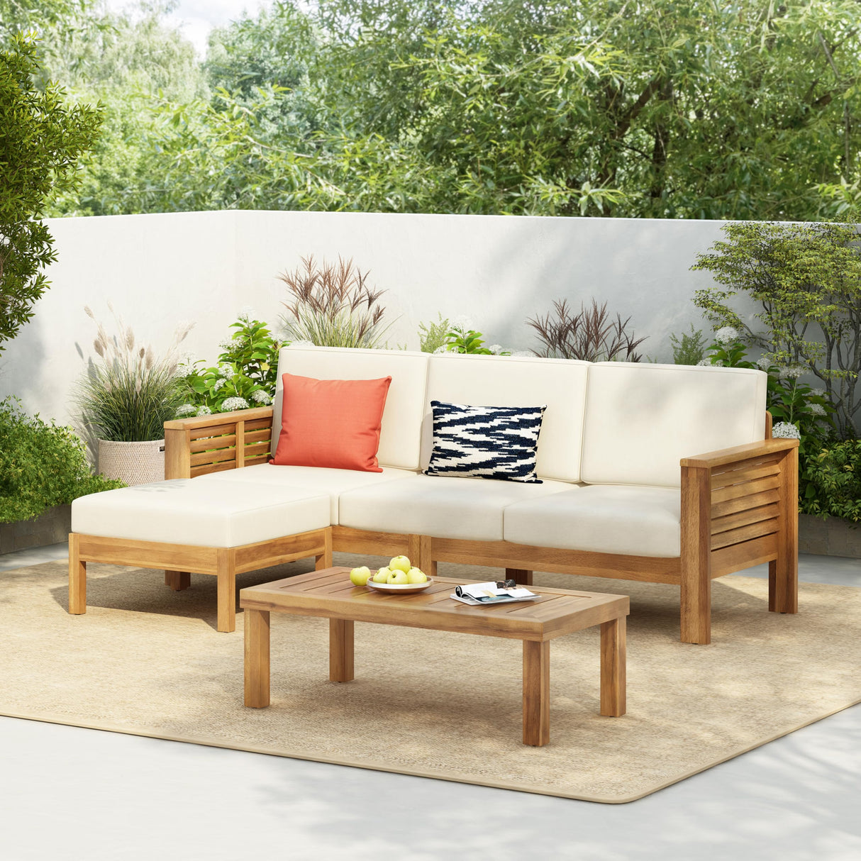 Merax 3 Piece Acacia Wood Patio Furniture Set, Outdoor Sectional Sofa Set with Coffee Table, 4 Seats Sofa Deep Seating with Soft Cushions for Garden, Backyard, Teak & Cream Merax