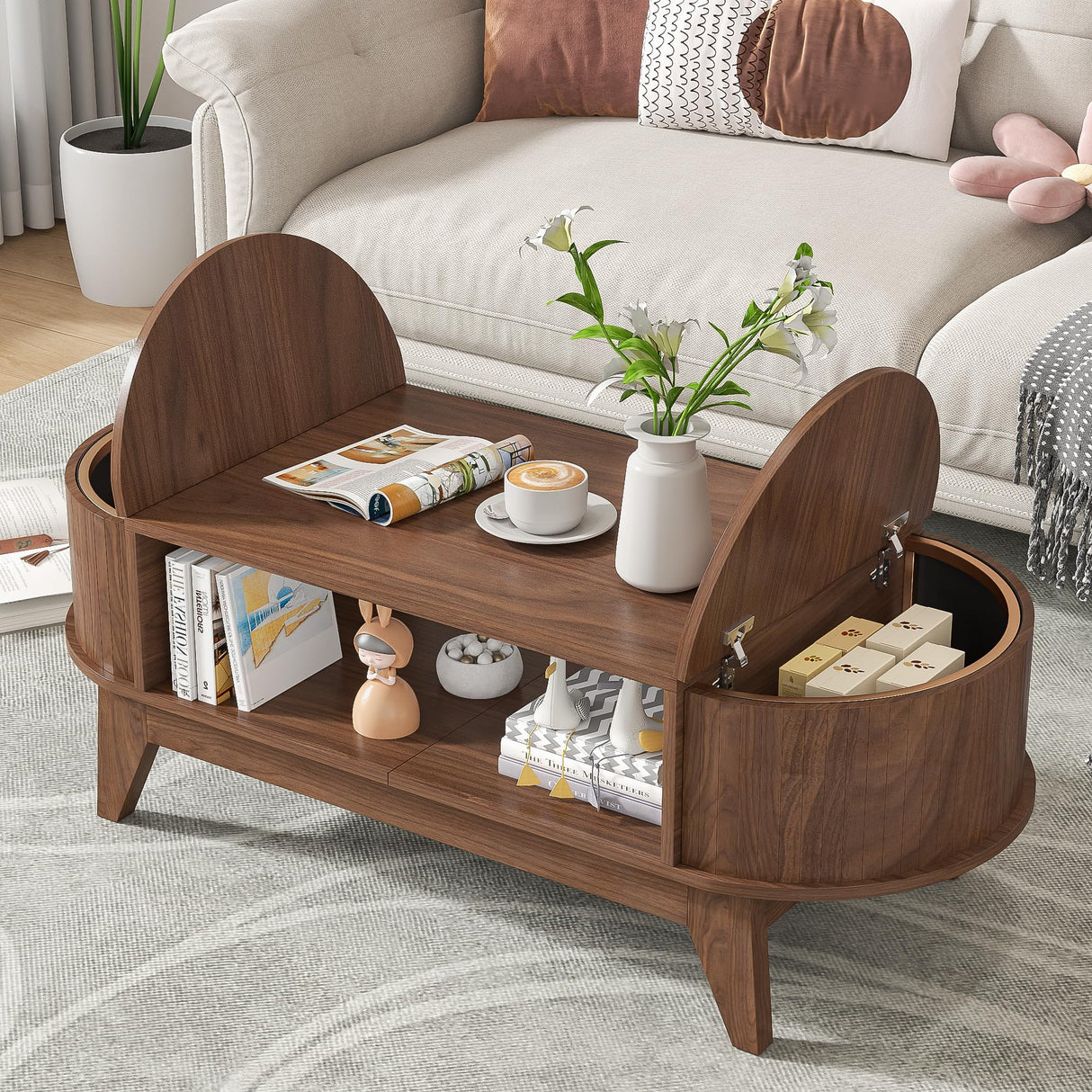 Coffee Table with Storage,Mid Century Modern Coffee Tables with 2 Flip-Top Hidden Lids,Fluted Coffee Table,Wood Center Tables for Living Room Home Office (Walnut Color) Mxtxmy